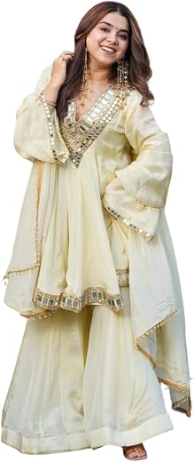 The Rua Creation Women’s White Embroidered Sharara Suit Set | Georgette Kurta with Matching Dupatta | Ready-to-Wear Weddin...