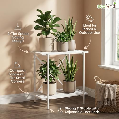 Image of ecofynd Eric Plant Stands for Outdoor Balcony, Flower Pot Stand for Indoor Plants, Large Metal Planter Stand for Living Room, home decor, Indoor & Outdoor plants, 2 Tier, (26 Inch, PS050-WHT)