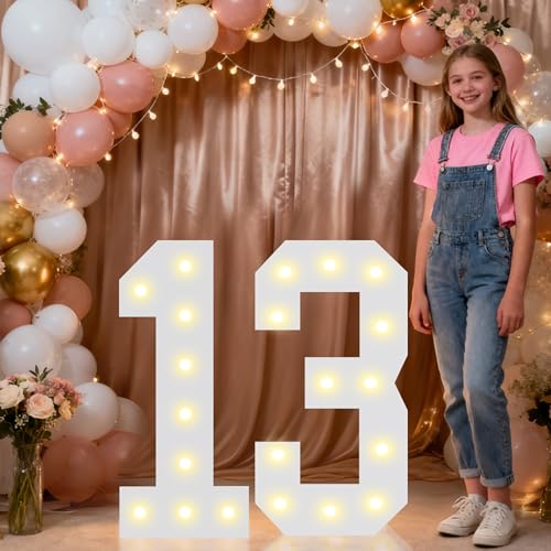 Image of Pooqla 2.4FT Light Up Numbers for 13 Year Old Boy Girl Gifts, Marquee Numbers 2.4 Feet Tall Party Decor for Her Him, Mosaic Big Sign for 13th Birthday Decoration Backdrop, Warm White Large Number 13