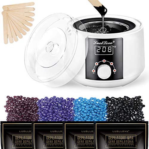 LUOLLOVE Waxing Kit Hair Removal Includes 1 Mini Wax Warmer, 4 Flavors Hard Wax Beans and 20 Waxing Spatulas, Wax Kit for Men Women Full Body Waxing at Home