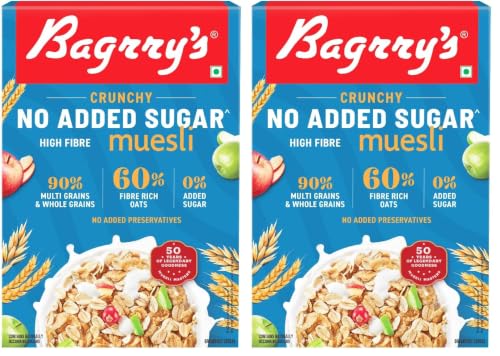 Image of Bagrry's No Added Sugar Muesli 500g | 0% Added Sugar | 90% Whole Grains | High Fibre & Protein | Plant-Based Breakfast Cereal | No Nuts, No Corn Flakes | Ideal for Diabetics & Weight Management | No Preservatives