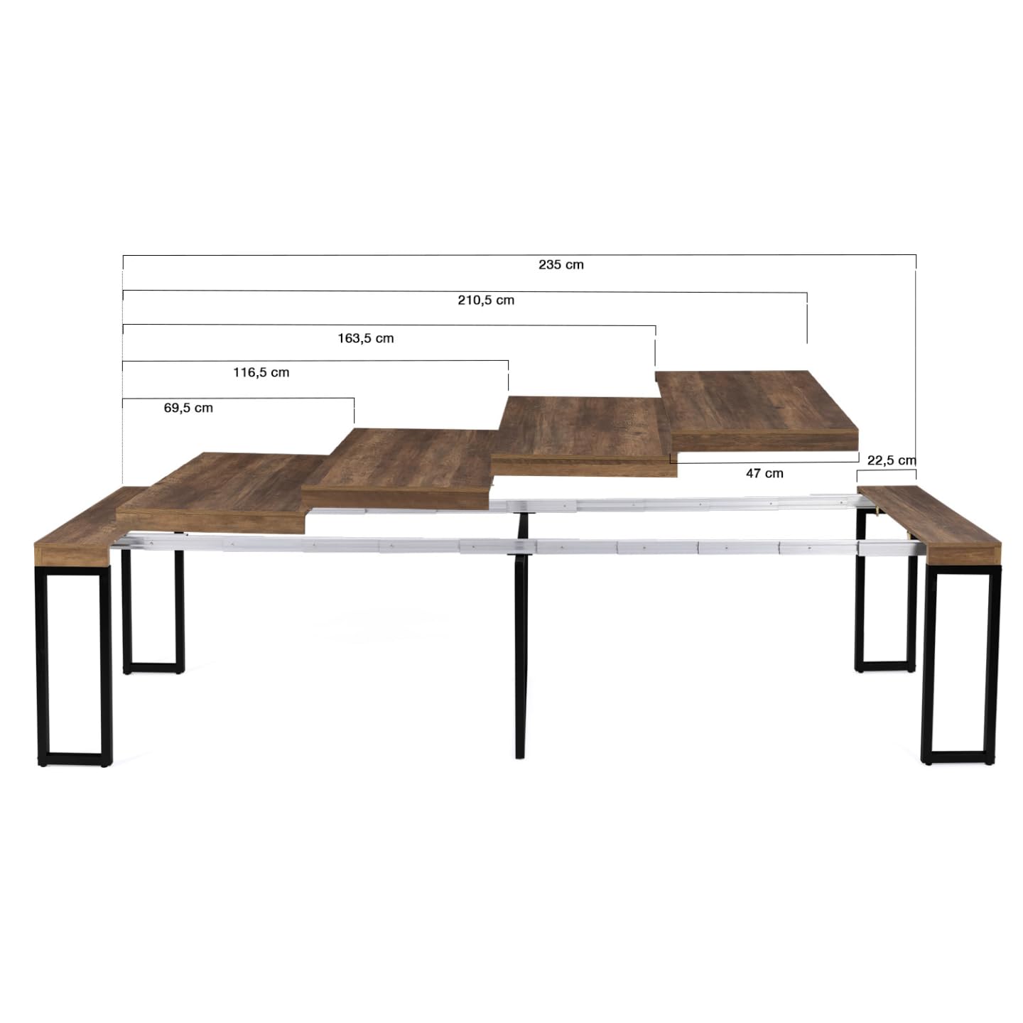IDMarket - Mesa consola extensible Toronto para 10 personas, 235 cm, madera oscura, diseño industrial