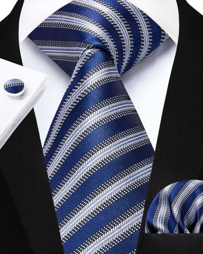 Image of HISDERN Mens Ties Set Stripe Plaid Ties for Men and Pocket Square Cufflinks Formal Silk Necktie Wedding Business