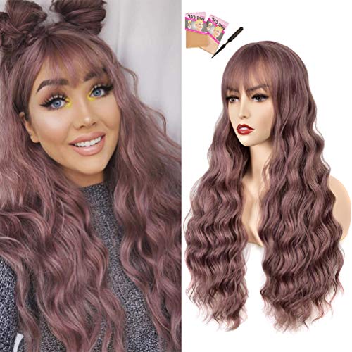 Long Black Wig with Bangs - 24 Inches Grey Pink Upgrade Middle Part Full Machine Made Long Wavy Synthetic Black Wigs for Women