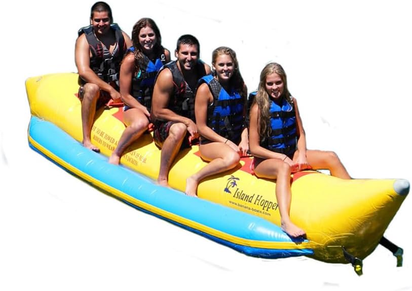 Island Hopper Recreational Banana Boat Towable Tubes for Boating– Capacity for 5 Riders – Water Tube 1100D PVC with Welded Seams for Stability and Fun– Boat Tube Includes Storage Bag and Foot Pump