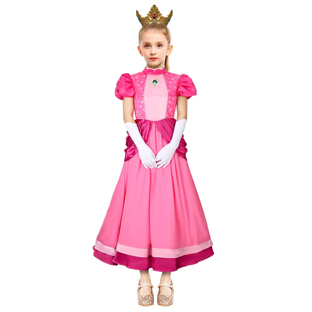 LIKUNGOU Disfraz de Princesa Peach para Niñas Vestido Rosa Mangas Abullonadas con Tiara Niños Halloween Cosplay Fancy Dress Outfit