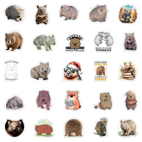 50 Stück Wombat Aufkleber Pack Beutelbären Sticker Set Wasserdichte Vinyl Sticker für Laptop Kinder Autos Motorrad Fahrrad Skateboard Gepäck Koffer Computer Aufkleber Graffiti Decal