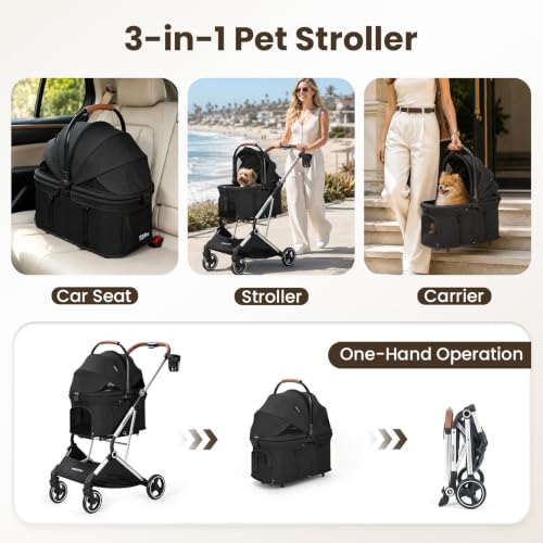 Image of T3 Pro Small Dog Stroller (Black) | Detachable Carrier, Change Linner, Larger Rear Wheel, Aluminum Alloy Frame, Easy Assembly, Easy to Store