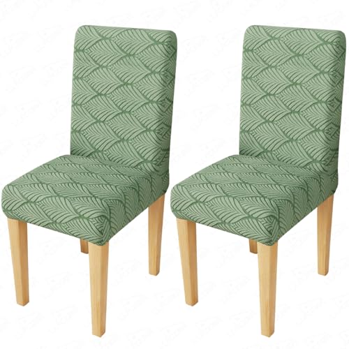 Image of Lukzer Elastic Dining Chair Cover - 2PC Pastel Green Leaf Trail | Textured High Stretch Jacquard Seat Cover | Removable Washable Short Dining Chair Cover Protector Seat Slipcover | (CC-128-02)