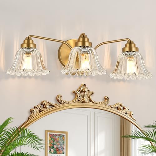 Vintage Bathroom Light Fixtures, 3-Light Gold Vanity Light for Bathroom with Clear Flower Glass Shades, Vanity Lighting Fixtures Over Mirror (Exclude Bulb)