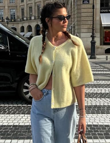 Image of Wyeysyt Womens Cropped Knitted Cardigan Y2K Short Sleeve Button Down Sweater Cardigan Shirt Casual Solid Color Ribbed Outwear