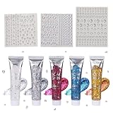 5 Stück Glitzer Gel Gesicht mit 3 Blätter Glitzersteine Selbstklebend, Glitter Liquid Gel, Glitter Sequins Chunky GlitzerLiquidGel mit DIY Strasssteine, Glitzer Festival Schminke für Festival Party