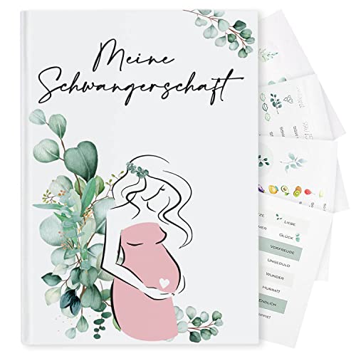 Schwangerschaftstagebuch | Tagebuch für die Schwangerschaft mit zusätzlicher Innentasche und 158 Stickern I 120 Seiten für deine Erinnerungen | Design Eukalyptus