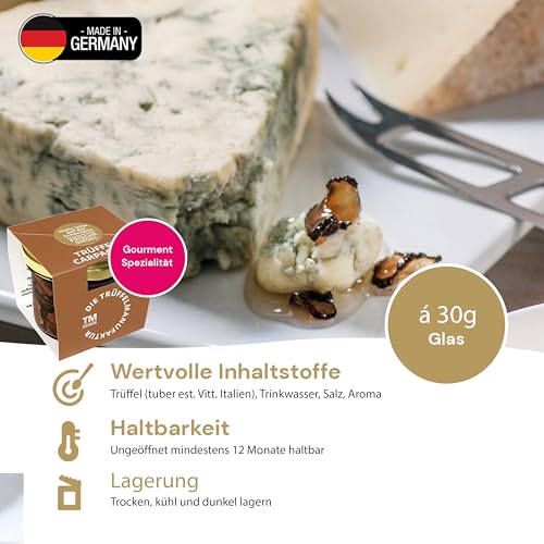 Die Trüffelmanufaktur - Feinkost Trüffel Carpaccio in feinen Scheiben und eigenem Sud, schwarzer echter Sommertrüffel, Trüffelscheiben im 30 g Glas perfekt als Beilage und zur Dekoration