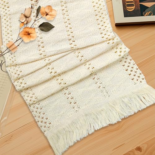 BLMHTWO Camino de mesa bohemio, camino de mesa de granja con borlas, camino de mesa de macramé rústico color crema para mesa de comedor de cocina bohemia (12 x 63 pulgadas)