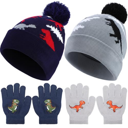 Image of 2 Sets Winter Boys Kids Hat Gloves Set Toddler Warm Hat with Gloves Pom Knit Baby Winter Soft Dinosaur Hats for Girl