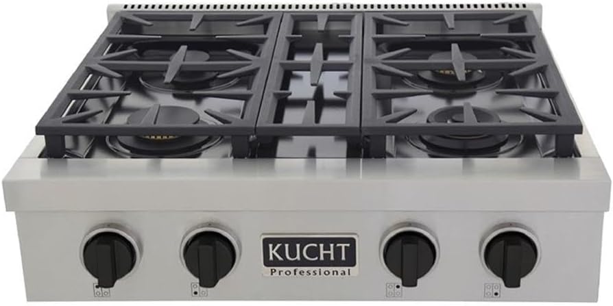 Pemberly Row 30" Natural Gas Range Top, Stainless Steel with Tuxedo Black Knobs, 4-Burner Gas Cooktop, Sealed Burners, Auto Re-ignition, Continuous Rail Design, Manual Controls for Traditional Cooking
