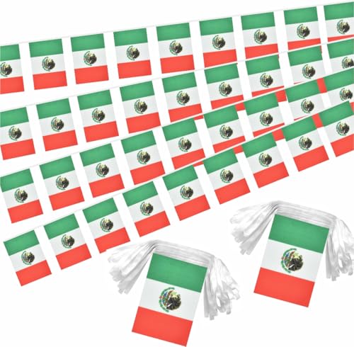 Image of 2 Pack Mexico Flag Banner String Small Mini 66 Feet 60 Pcs Mexican Hanging Flags Decoration