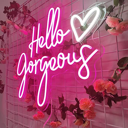 Image of Hello Gorgeous Neon Sign Custom Pink LED Neon Light Decorations for Bedroom Wedding Party Room Home Wall Decor Among (Pink-01)