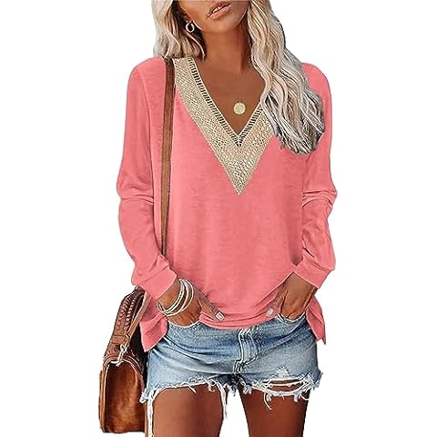 MixShe Womens Fall Fashion 2024 Long Sleeve Shirts V Neck Sweartshirt for women Sweaters Dressy Casual Tunic Tops Trendy Outfits Blouses Ladies Clothes Pink X-Large Cover
