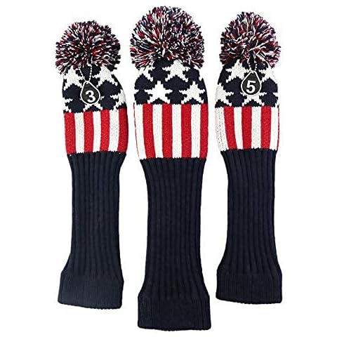 HELLO NRC Knit Golf Head Covers 3 Pieces Pack Patriotic Style Golf Head Covers Fit Over Well Driver Wood(460cc) and Fairway Wood Fit for All Golf Brands (A-American Flag) Cover