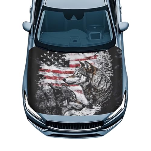 Image of Generic Car Hood Cover Flag, American Flag Wolves Waterproof Dustproof Car Bonnet Banner Elastic Universal Car Cover Windproof Hood Wraps for Most Vehicles All Season Protection