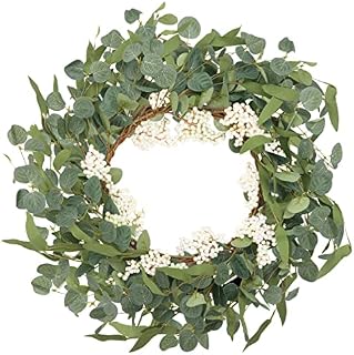 CiCiwind 19'' Artificial Eucalyptus Wreath for Front Door Spring Wreath with White Berries Green Leaf Wreath for Farmhouse Window Front Patio Garden Decoration