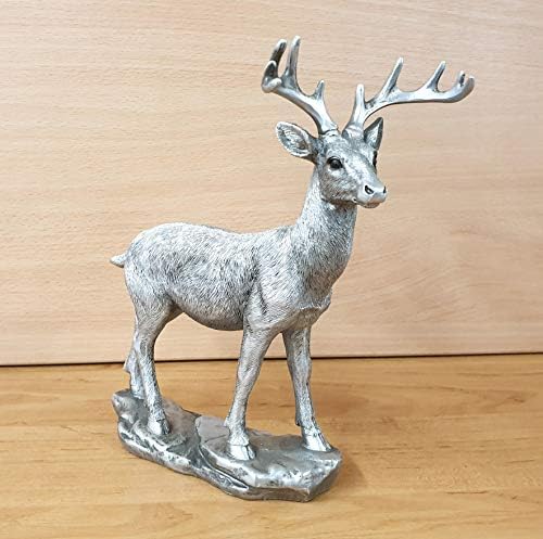 20 cm Vintage Rustic Silver Effect Resin Deer/Stage Ornament Figurine Statue Sculpture - 20cm x 19cm