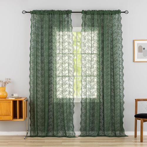 YJ YANJUN Paire de voilages en dentelle vert foncé pour fenêtres de 182,9 cm de haut, voilages à motif floral vintage pour salon, chambre à coucher - 2...