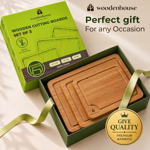 Wooden Cutting Board Set of 3 - Thick & Durable Bamboo Wood Cutting Boards for Kitchen - with Deep Juice Grooves & Built-In Handles - Large Surface, Easy to Clean - for Meat, Vegetables and Fruits by Woodenhouse - Used condition - Image 9