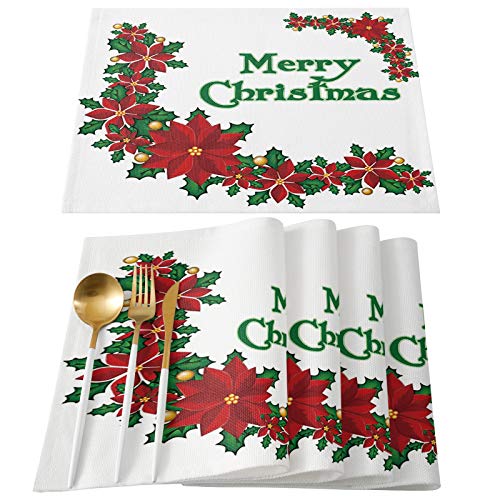 Home L6 Platzsets für Esstisch 4er Set Merry Christmas Weihnachtsstern Blume Mistelzweig Girlande Rot Tischsets Fleckenabweisend Wärmeisolierung rutschfest Waschbar Tischdekoration für Küche Cover
