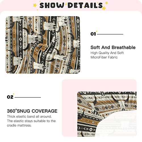 Image of Western Boho Bull Skulls Crib Sheets Soft Breathable Fitted Baby Playard Sheets Mattress Cover for Girl Boys, 39 inch x 27 inch x 5 inch