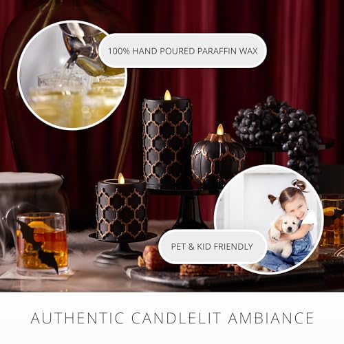 Image of Luminara Black Embossed Fretwork 3.5 inch x 6.5 inch Pillar, AA Battery Operated w /Timer Function, Flickering Flameless LED Light Real Wax Candle for Indoor Home Decoration, for Dining Room Table Centerpiece