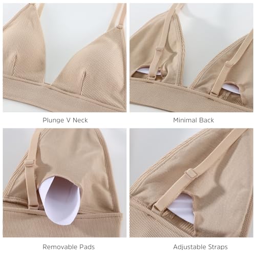 INIBUD Bralettes for Women Ribbed Seamless Padded Bra Wireless Triangle Plunge Cami Bra Adjustable Spaghetti Strap Top4