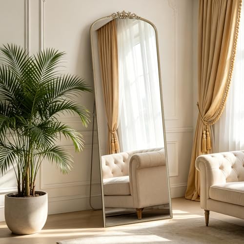Image of WallBeyond Gold Vintage Full Length Mirror with Stand for Vanity 24x70 Inch, Gold Antique Mirror with Ornate Frame, Arched Vintage for Bathroom, Living Room, Bedroom, Entryway