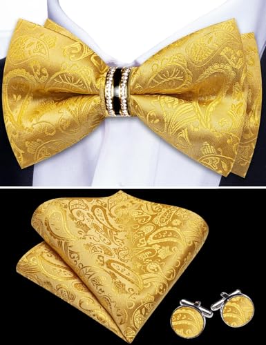Image of YOHOWA Mens Bow Tie Set Paisley Pre-tied Bowties Adjustable with Handkerchief Cufflinks Gold Ring Set Wedding Prom Party