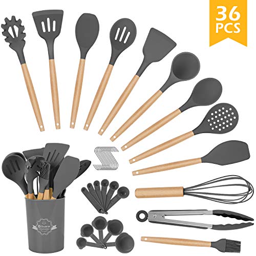Duerer Silicone Kitchen Utensils Set with Holder, 12 Pcs Cooking Utensils Kit, Cooking Spatula Turner Heat Resistant Tools with Wooden Handle, Kitchen Gadgets Set for Nonstick Cookware (BPA FREE)