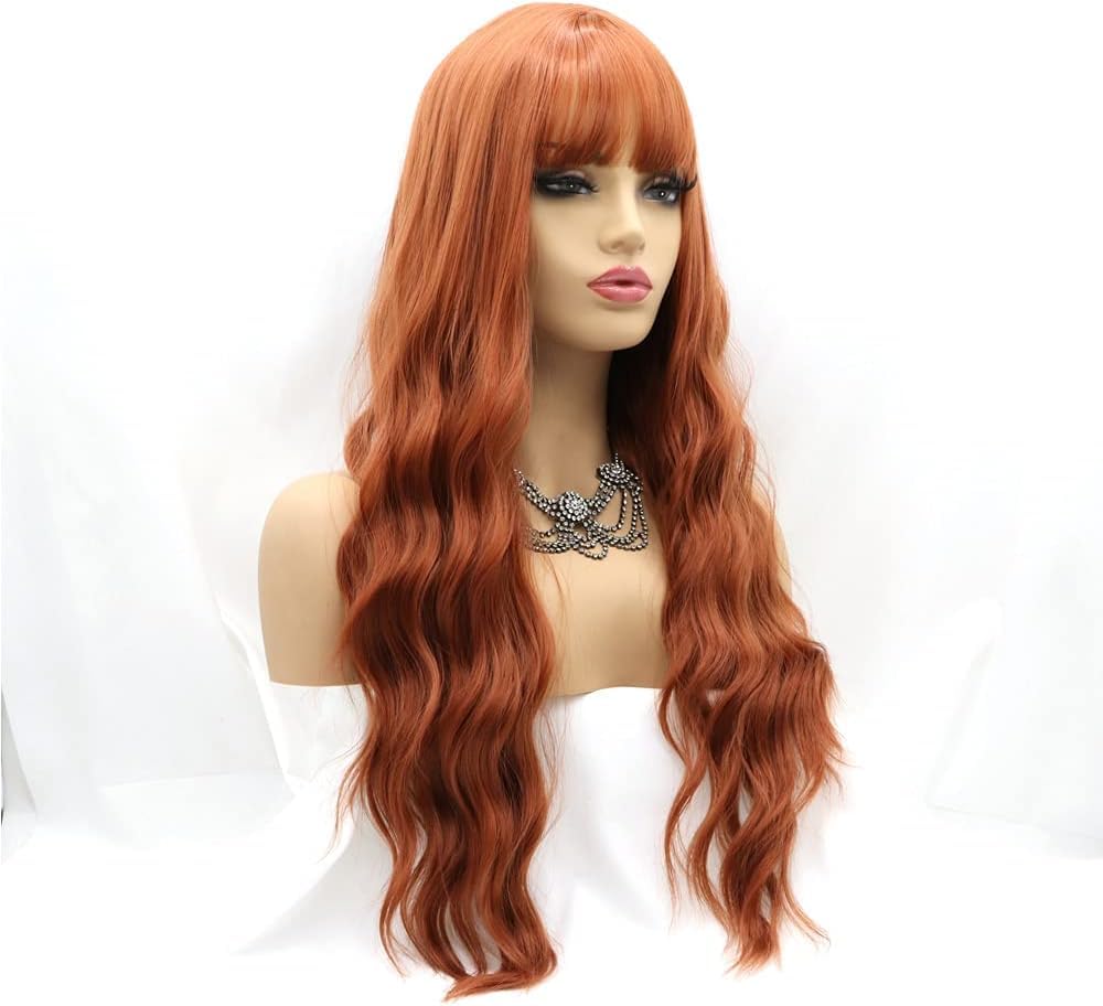 Xiweiya Wigs Long Curly Copper Red Lace Wig with Air Bangs Hair Length Synthetic Wave Heat Resistant Fiber Wigs Middle Parting for Women Drag Queen Cosplay Makeup (with U Part Lace) - Image 2