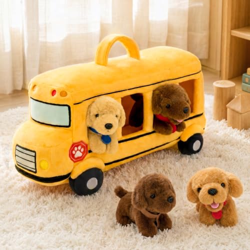 Image of OUOZZZ Dog Stuffed Animals Set with Plush School Bus, 5-Piece Puppy Toys | 4 Golden Retriever Stuffed Animals, Kindergarten Toys, Travel Toys for Kids