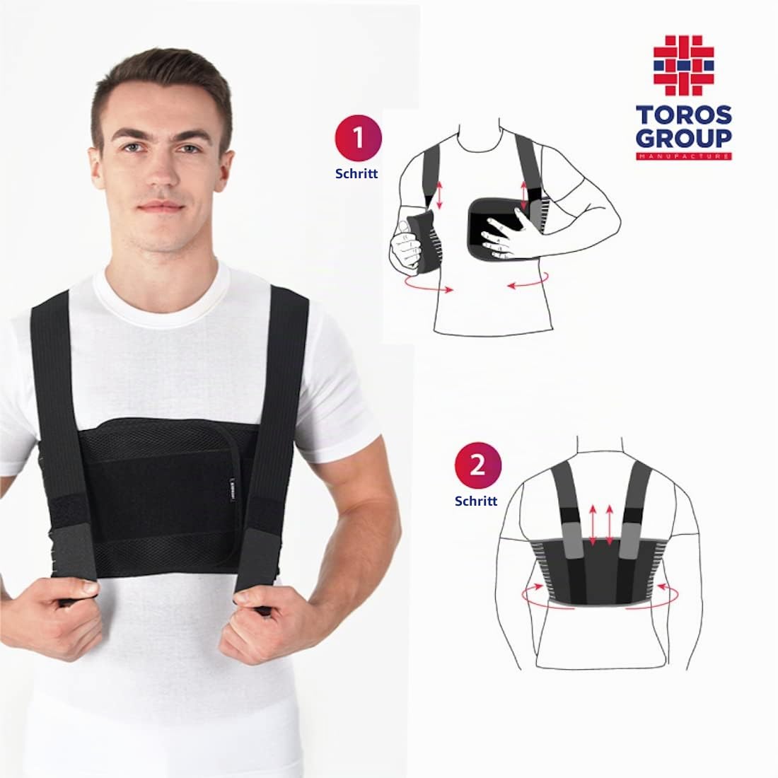 TOROS-GROUP – Brustgurt für Männer - Corset – Rippenbandage – Brust-Korsett mit Hosenträger für Postoperative Rippen- und Brustbeinverletzungen – S, Schwarz