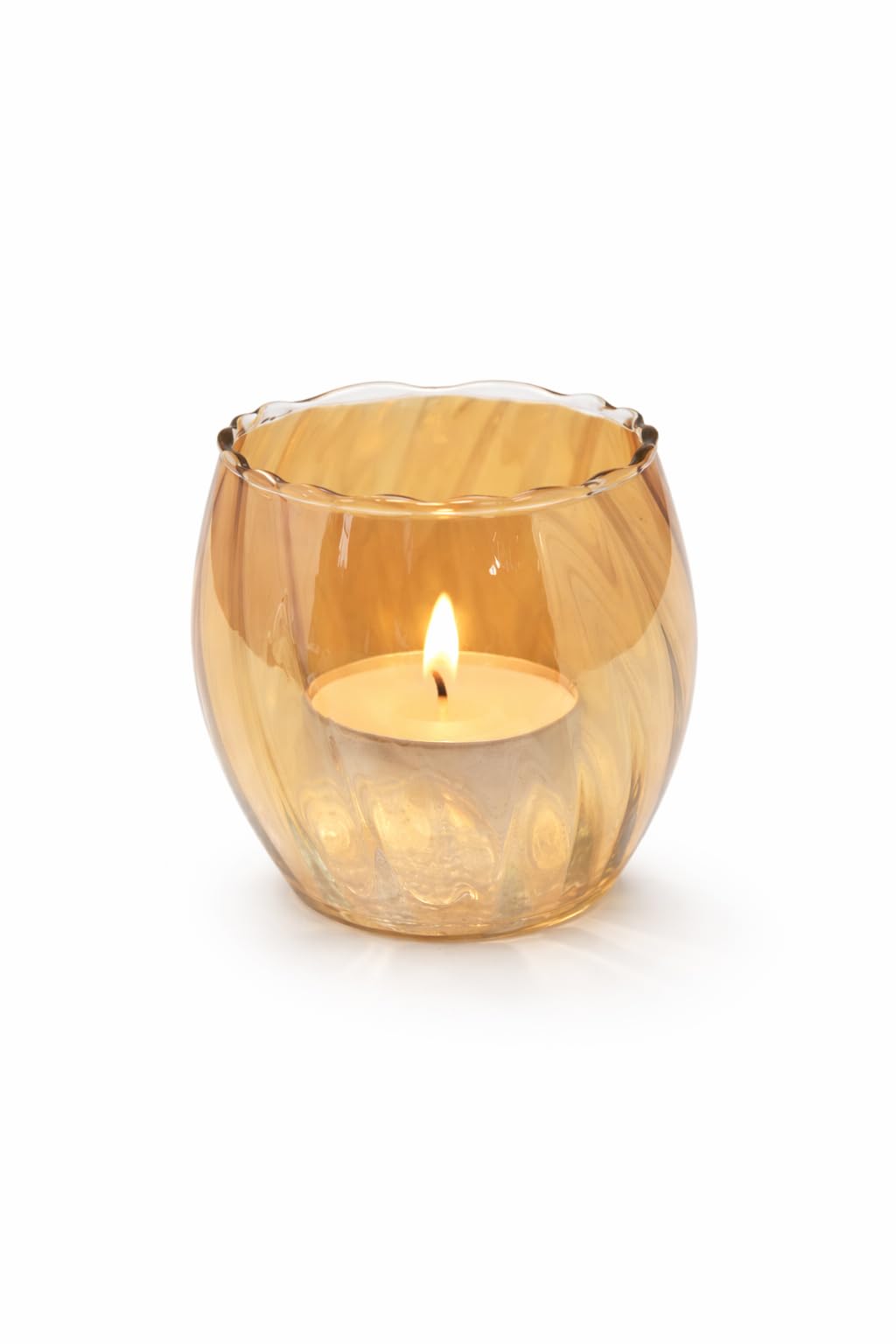 Amber Glass T-Light Holder with Wavy Rim – Decorative Ribbed Votive Candle Holder for Home Spa, Dining Table & Festivals – Warm Glow Textured Glass Votive (Single)-image-35