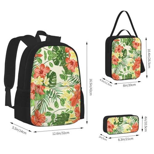 Hojas Tropicales Y Flores 3-Piece Set Backpack, Lunch Bag, And Pencil Case, Casual Cute Sets For Travel And College4