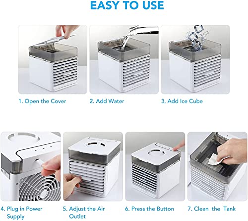 Mini Climatiseur Mobile, 3 en 1 Refroidisseur d'air Portable USB Ventilateur une Veilleuse 7 Couleurs, Humidificateur à évaporation, avec Minuterie 2/4/6 H, 3 Vitesses, pour Bureau Chambre Couche - Image 7