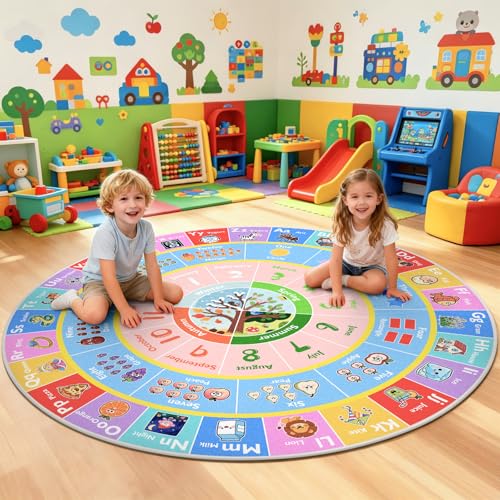 ABC Round Kids Rug for Playroom, 4x4 ft Alphabet Small Classroom Rug, Educational Kids Play Mat With Number Shape Season, Learning Area Rug for Nursery Bedroom Kidsroom, Colorful Non-Slip Washable