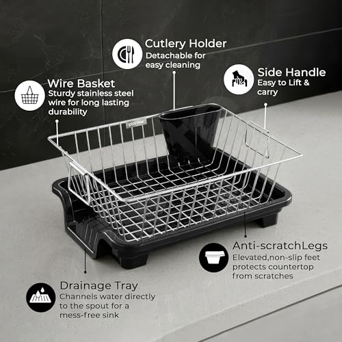Image of Plantex Dish Drying Rack /Stainless Steel Dish Drainer with Drainer Tray for Kitchen /Vessel Drainer Basket for Utensils /Plate Drying Rack - Chrome (39 X 31.5 X 15 Cm)