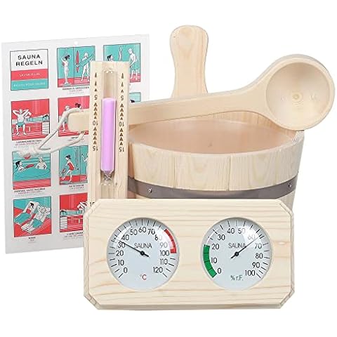 Saunazubehör aus Kiefernholz, 6-teilig, Eimer 3L zusammen mit Kunststoffeinsatz, 36cm Schöpfkelle, 15min. Sanduhr, vieleckig Thermometer - Hygrometer, laminiertes Saunaposter in DE FR EN Sprachen Cover