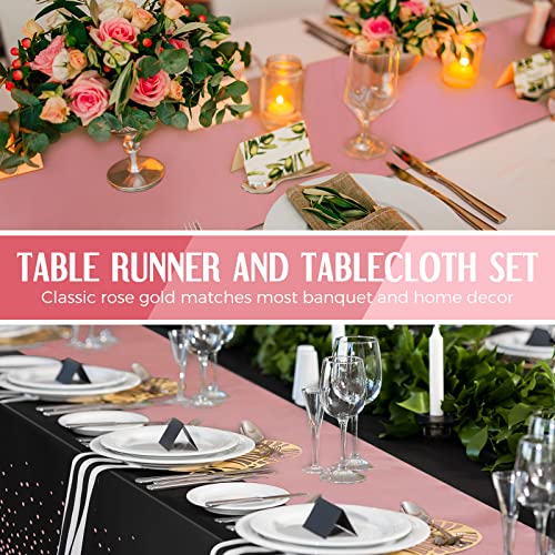 Image of Breling 8 Pack Black and Rose Gold Disposable Plastic Tablecloths and Satin Table Runner Set, 54 x 108 Inch Tablecloth, 12 x 108 Inch Table Runners for Wedding Graduation Birthday Baby Shower New Year