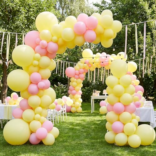 Image of RUBFAC 135pcs Pastel Yellow Balloons, Latex Light Yellow Balloon Different Sizes 18 12 10 5 Inch for Garland Arch Baby Shower Anniversary Wedding Birthday Party Decorations