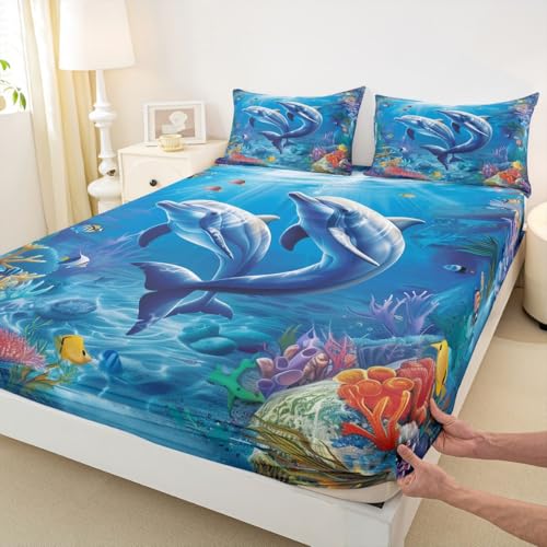 Image of jejeloiu Dolphin Bed Sheets Set Full Size Cute Ocean Animal Bed Set Jumping Dolphins Deep Pocket Fitted Sheet Blue Ocean Marine Themed Breathable Soft Lightweight Microfiber
