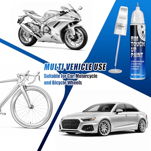 Image of Silver Rim Touch Up Paint, 2-in-1 Brush & Tip, 0.4 fl oz - Universal Silver Rim Curb Rash Repair Kit for Scratches, Scuffs Alloy /Metal Wheels, OEM Color Match, Quick-Dry & Long-Lasting